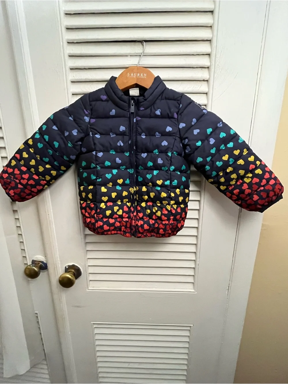 Baby Gap Toddler Girl  Quilted Puffer Jacket Size 3T Navy Blue Rainbow Hearts.